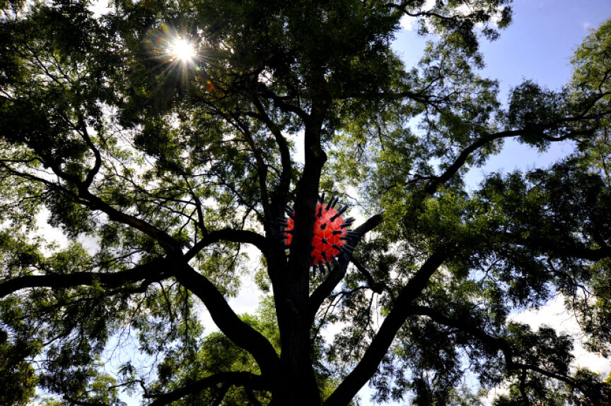 André Tempel, The Visitors V., rubber balloons, cemetery vases, The Park in front of Janáček Theatre